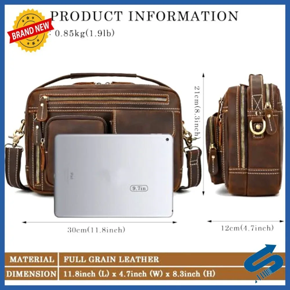 Vintage Leather Messenger Bag for Men, Laptop Crossbody Briefcase Shoulder Bag